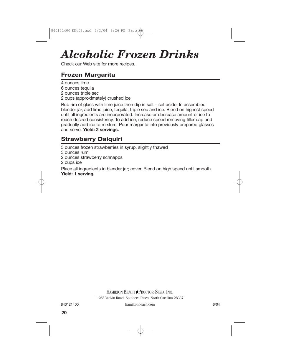 Alcoholic frozen drinks | Hamilton Beach All-Metal Blender User Manual | Page 20 / 20