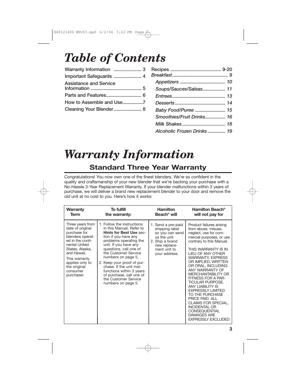 Table of contents warranty information, Standard three year warranty | Hamilton Beach All-Metal Blender User Manual | Page 3 / 20