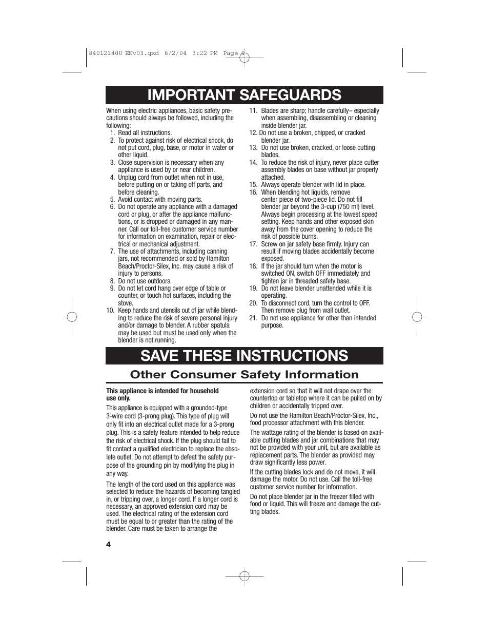Important safeguards, Save these instructions, Other consumer safety information | Hamilton Beach All-Metal Blender User Manual | Page 4 / 20