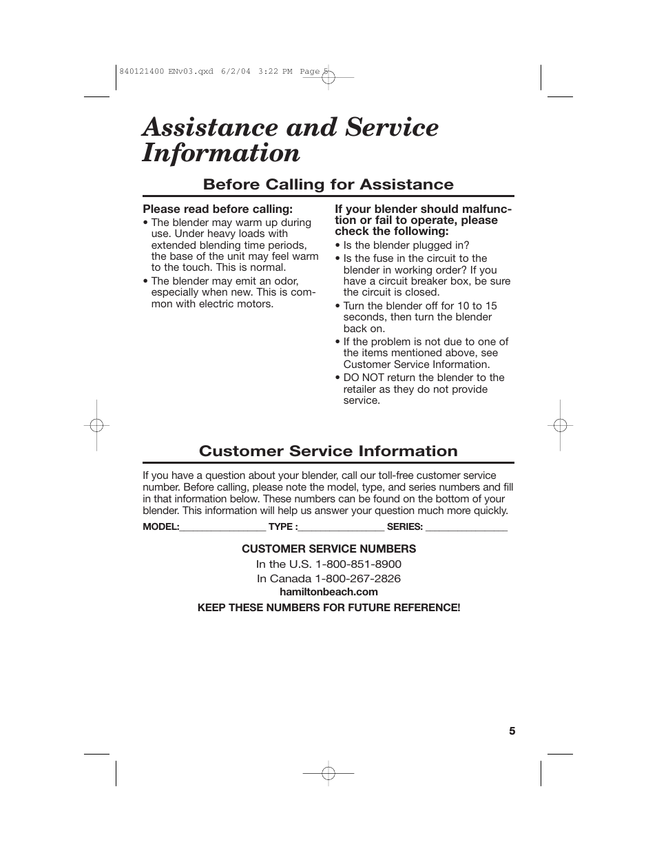 Assistance and service information | Hamilton Beach All-Metal Blender User Manual | Page 5 / 20
