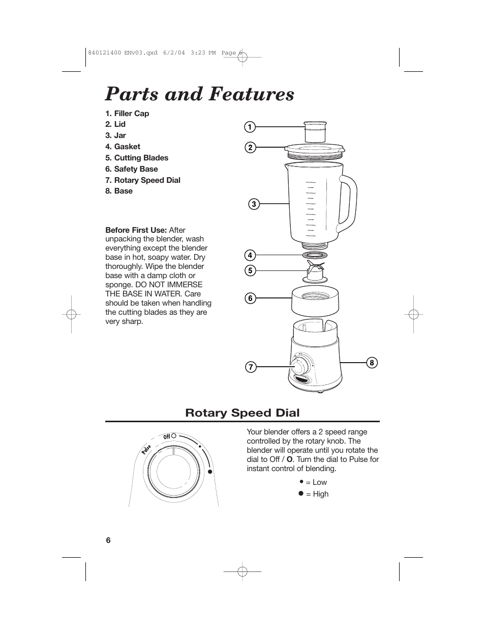 Parts and features, Rotary speed dial | Hamilton Beach All-Metal Blender User Manual | Page 6 / 20