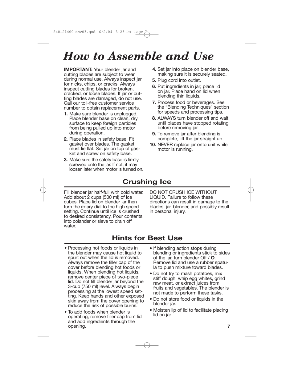 How to assemble and use, Crushing ice, Hints for best use | Hamilton Beach All-Metal Blender User Manual | Page 7 / 20
