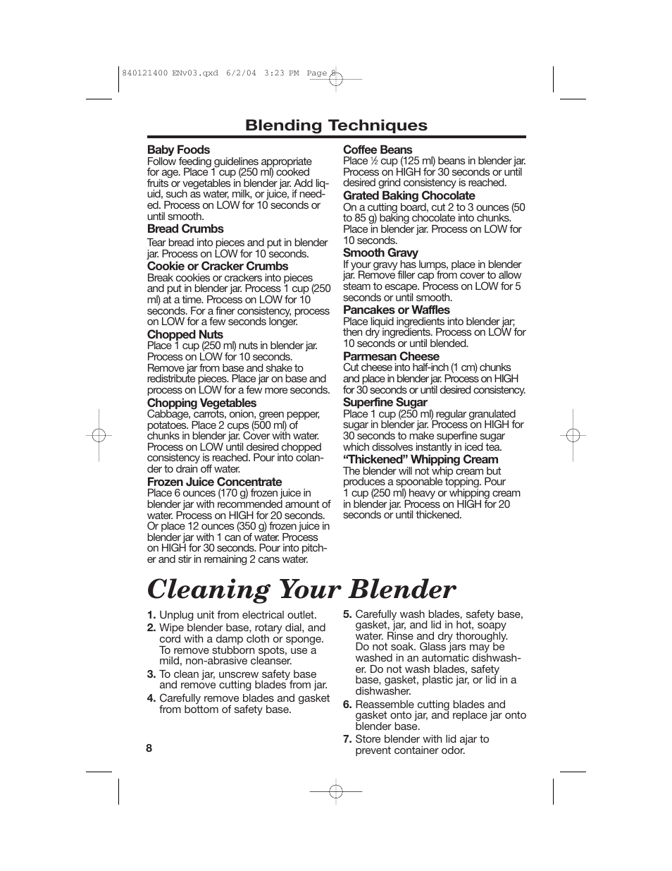 Cleaning your blender, Blending techniques | Hamilton Beach All-Metal Blender User Manual | Page 8 / 20