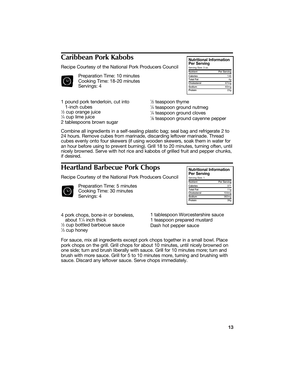 Caribbean pork kabobs, Heartland barbecue pork chops, Cup orange juice | Inch thick, Cup bottled barbecue sauce, Teaspoon thyme, Teaspoon ground nutmeg, Teaspoon ground cloves, Teaspoon ground cayenne pepper | Hamilton Beach 840068300 User Manual | Page 13 / 16