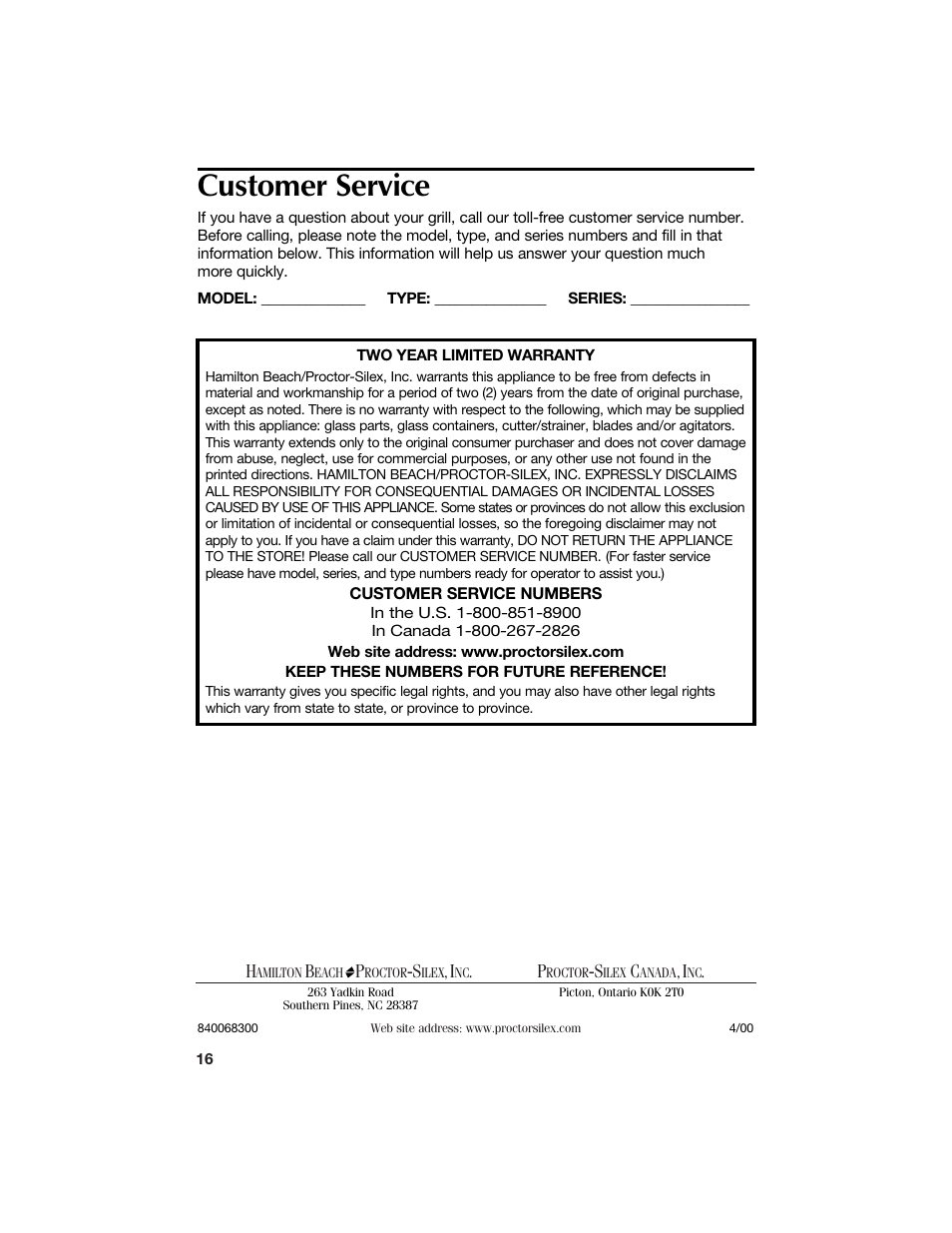 Customer service | Hamilton Beach 840068300 User Manual | Page 16 / 16