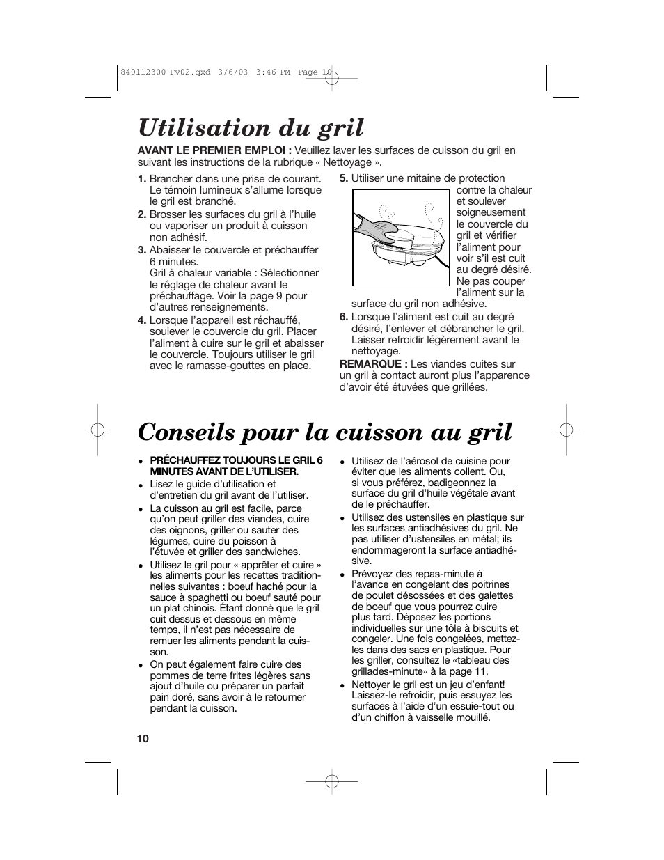 Utilisation du gril, Conseils pour la cuisson au gril | Hamilton Beach 25219 User Manual | Page 10 / 20