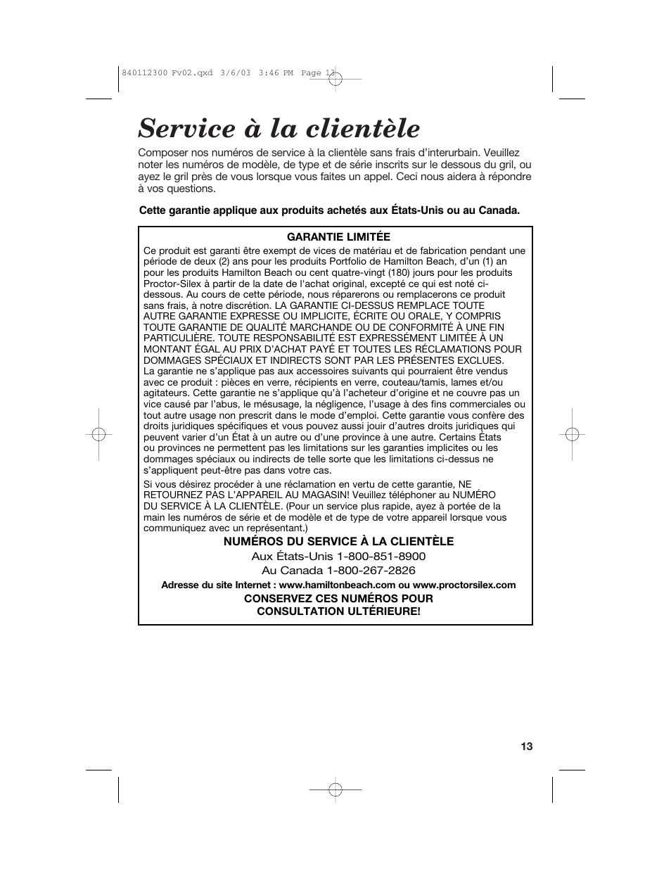 Service à la clientèle | Hamilton Beach 25219 User Manual | Page 13 / 20