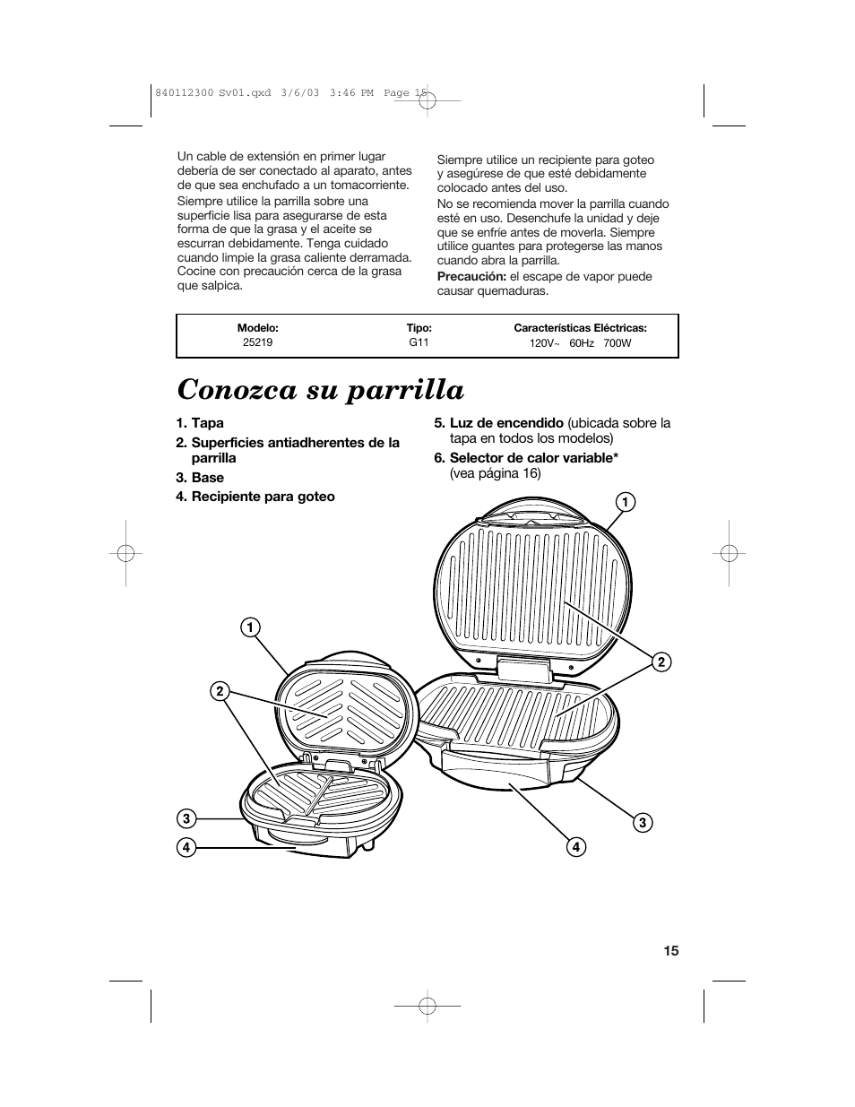 Conozca su parrilla | Hamilton Beach 25219 User Manual | Page 15 / 20