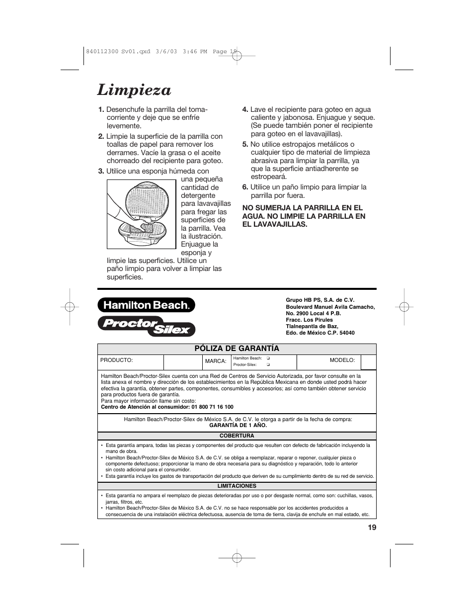 Limpieza | Hamilton Beach 25219 User Manual | Page 19 / 20