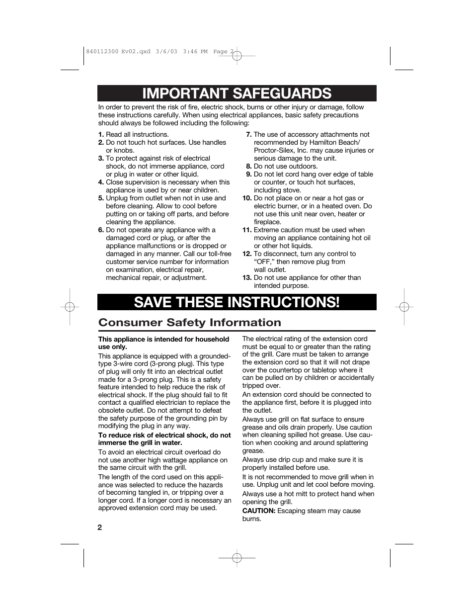 Important safeguards save these instructions, Consumer safety information | Hamilton Beach 25219 User Manual | Page 2 / 20