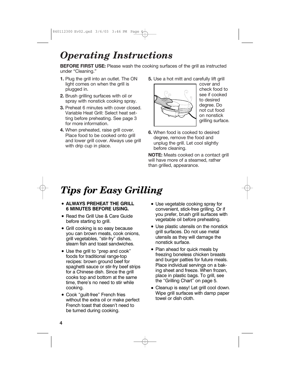 Operating instructions, Tips for easy grilling | Hamilton Beach 25219 User Manual | Page 4 / 20