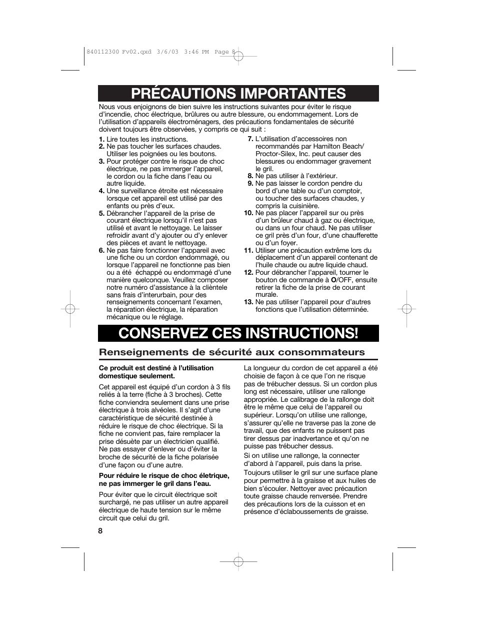 Précautions importantes conservez ces instructions | Hamilton Beach 25219 User Manual | Page 8 / 20