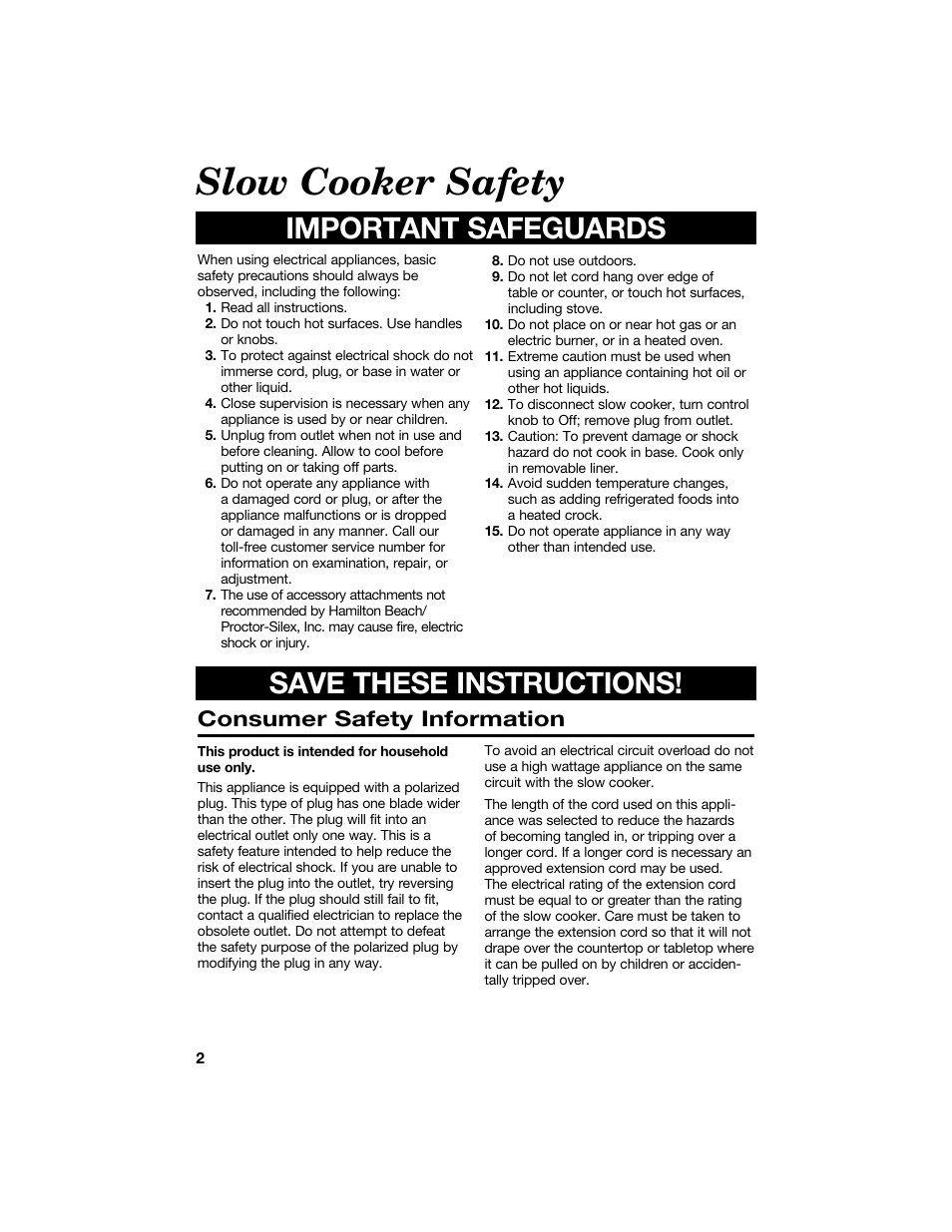 Slow cooker safety, Important safeguards save these instructions, Consumer safety information | Hamilton Beach 840084500 User Manual | Page 2 / 8