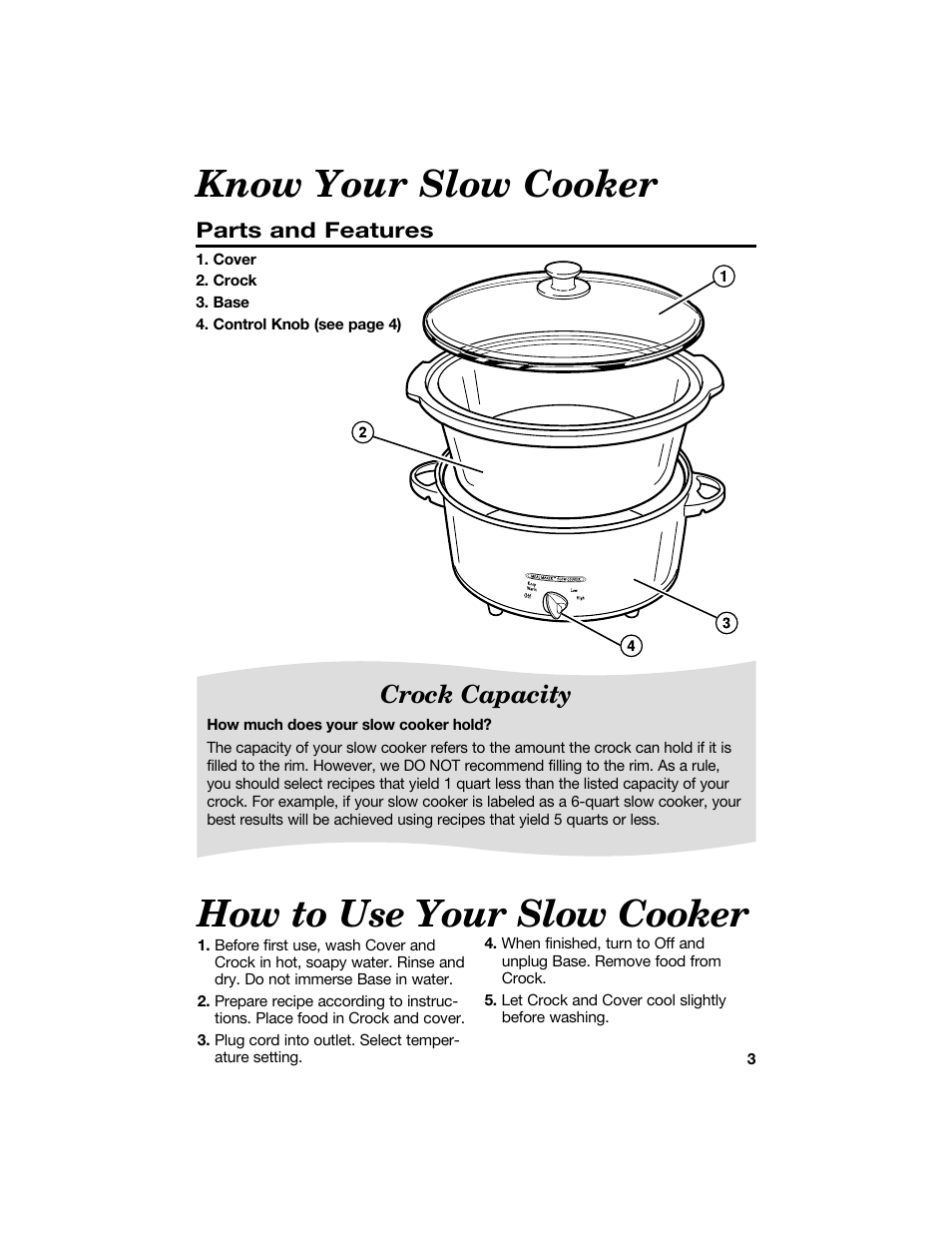 Know your slow cooker, How to use your slow cooker, Crock capacity | Hamilton Beach 840084500 User Manual | Page 3 / 8