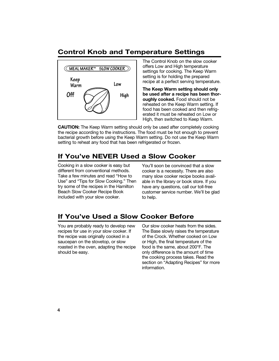 Control knob and temperature settings | Hamilton Beach 840084500 User Manual | Page 4 / 8