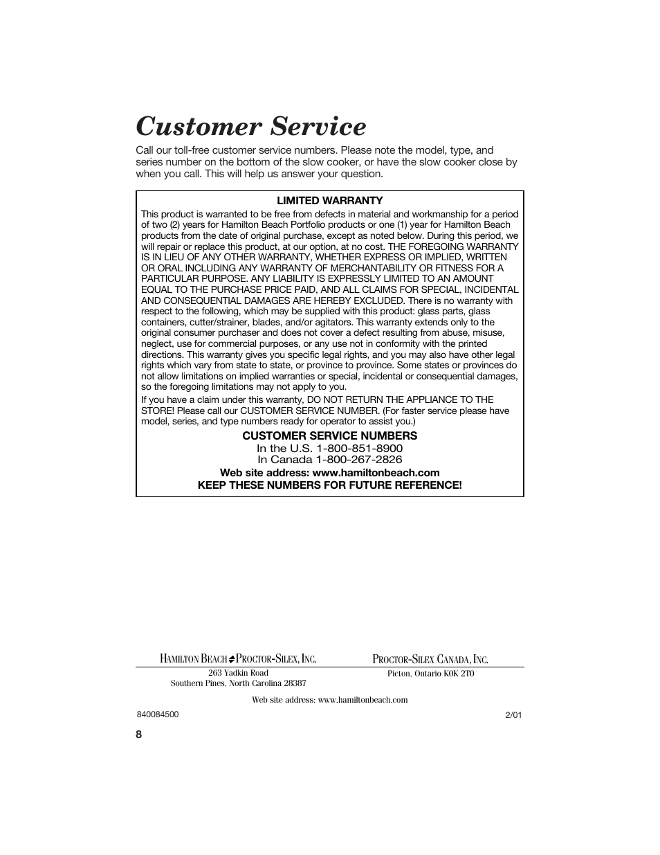 Customer service | Hamilton Beach 840084500 User Manual | Page 8 / 8