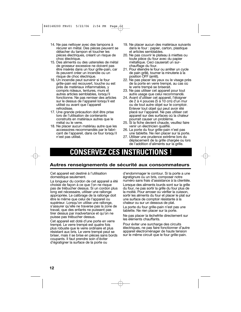 Conservez ces instructions | Hamilton Beach 31170 User Manual | Page 12 / 32