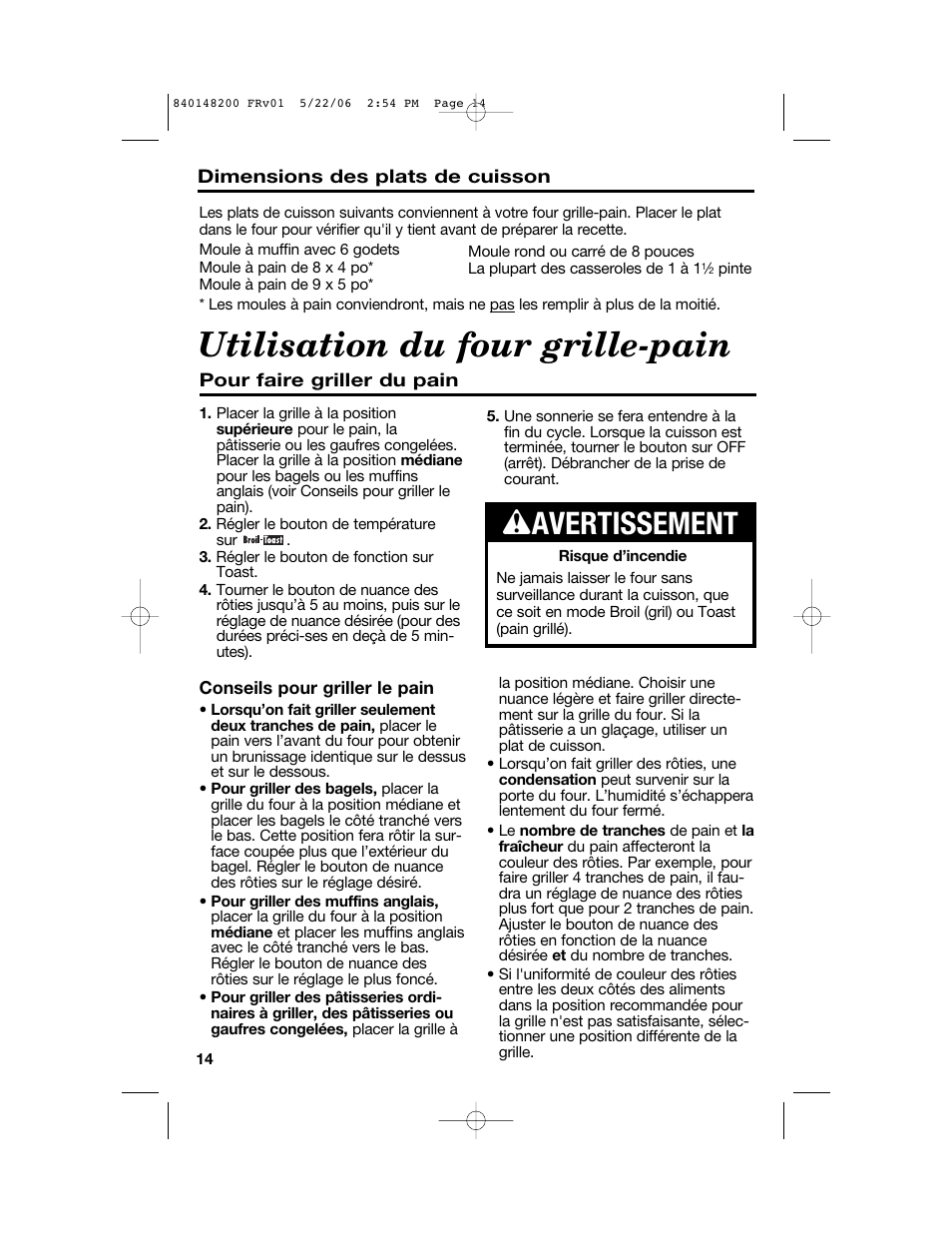 Utilisation du four grille-pain, W avertissement | Hamilton Beach 31170 User Manual | Page 14 / 32