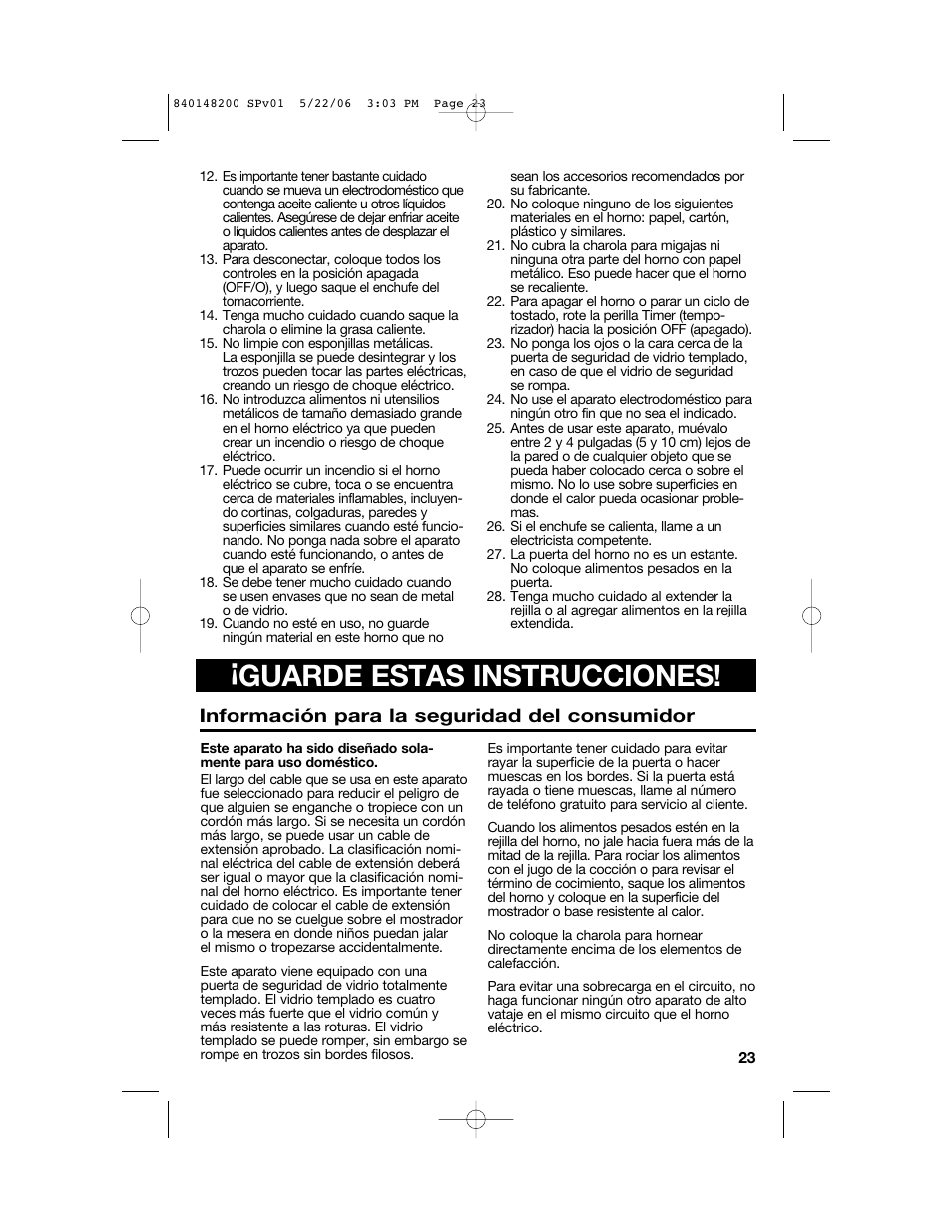 Guarde estas instrucciones, Información para la seguridad del consumidor | Hamilton Beach 31170 User Manual | Page 23 / 32