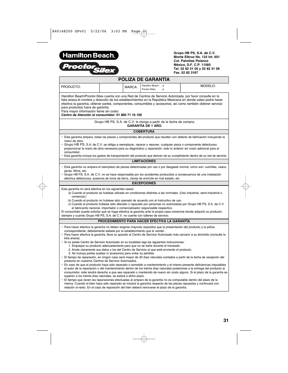 Póliza de garantía | Hamilton Beach 31170 User Manual | Page 31 / 32