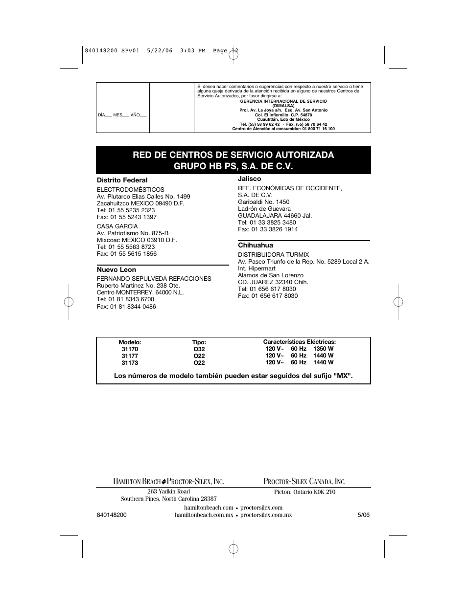 Hamilton Beach 31170 User Manual | Page 32 / 32