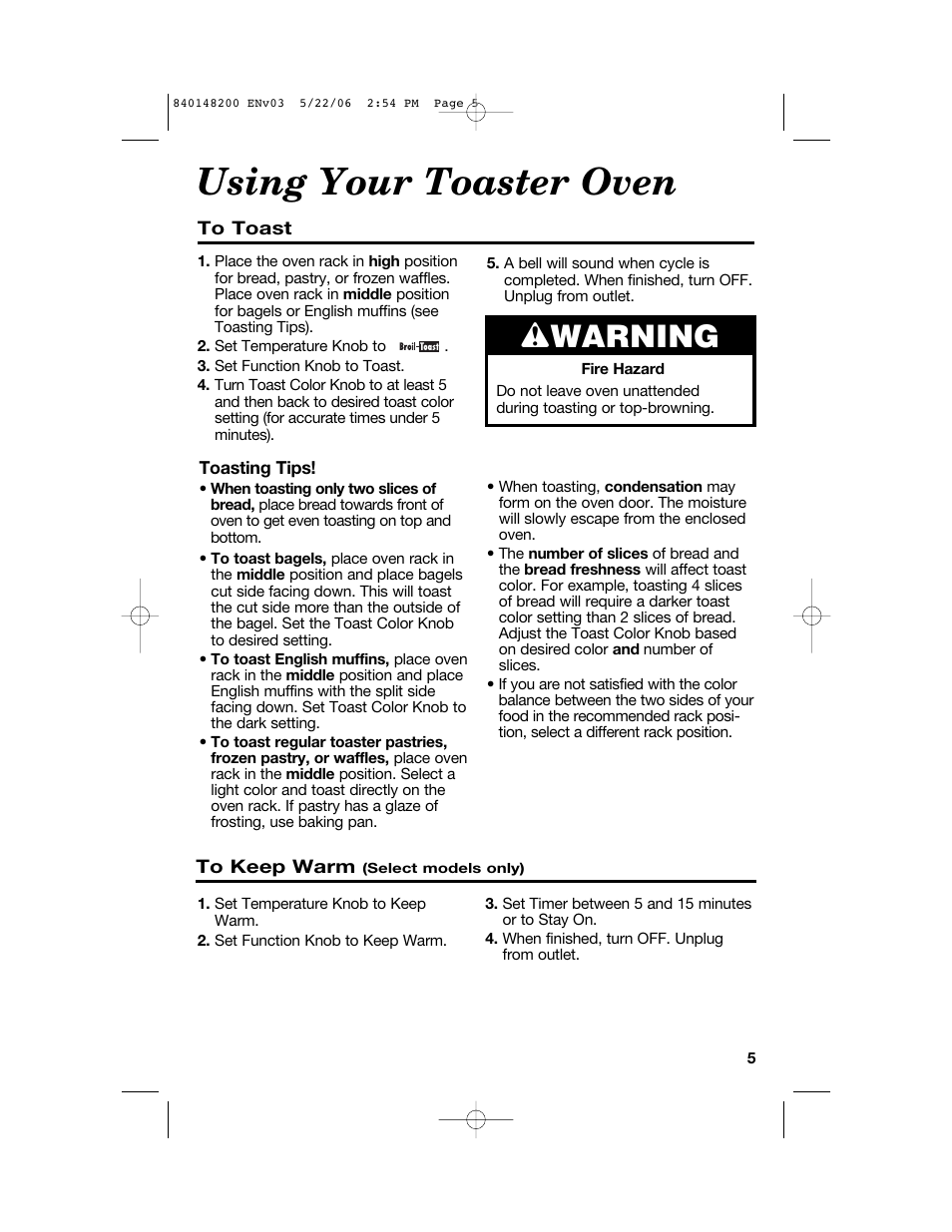 Using your toaster oven, Wwarning | Hamilton Beach 31170 User Manual | Page 5 / 32