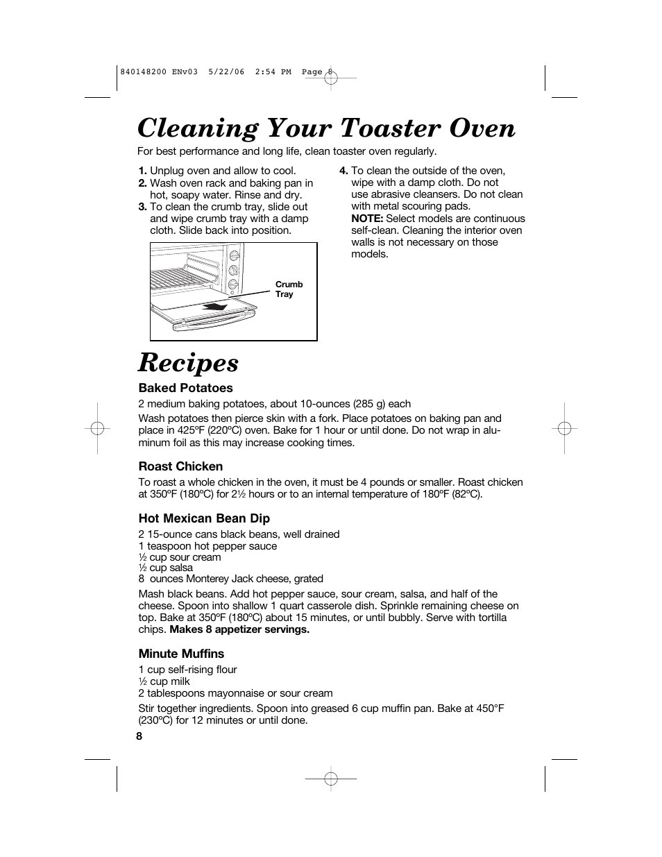 Cleaning your toaster oven, Recipes | Hamilton Beach 31170 User Manual | Page 8 / 32