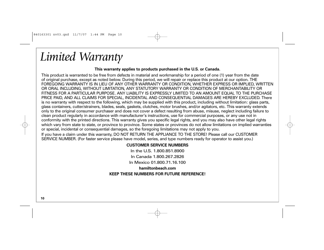Limited warranty | Hamilton Beach 24708 User Manual | Page 10 / 32