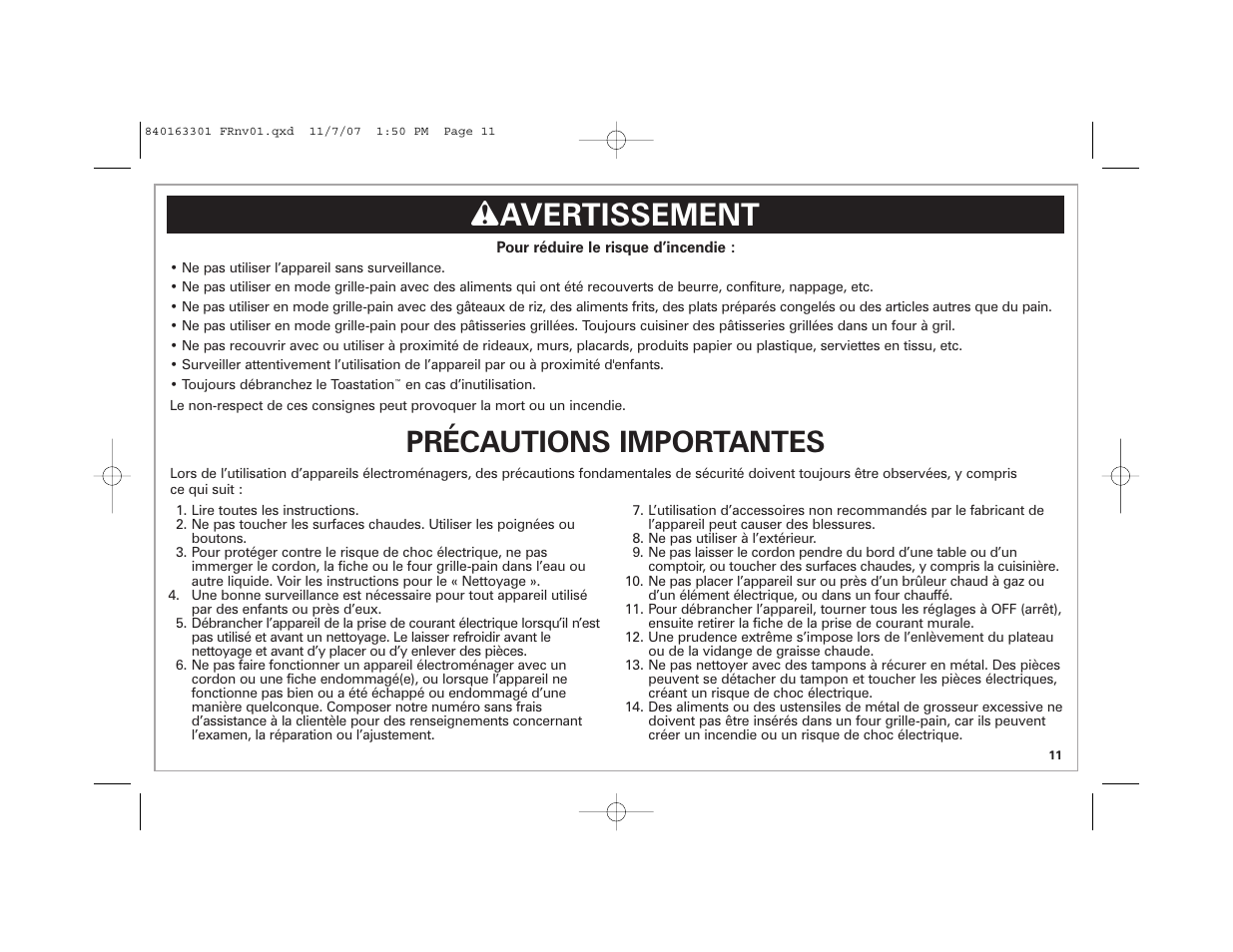 W avertissement, Précautions importantes | Hamilton Beach 24708 User Manual | Page 11 / 32