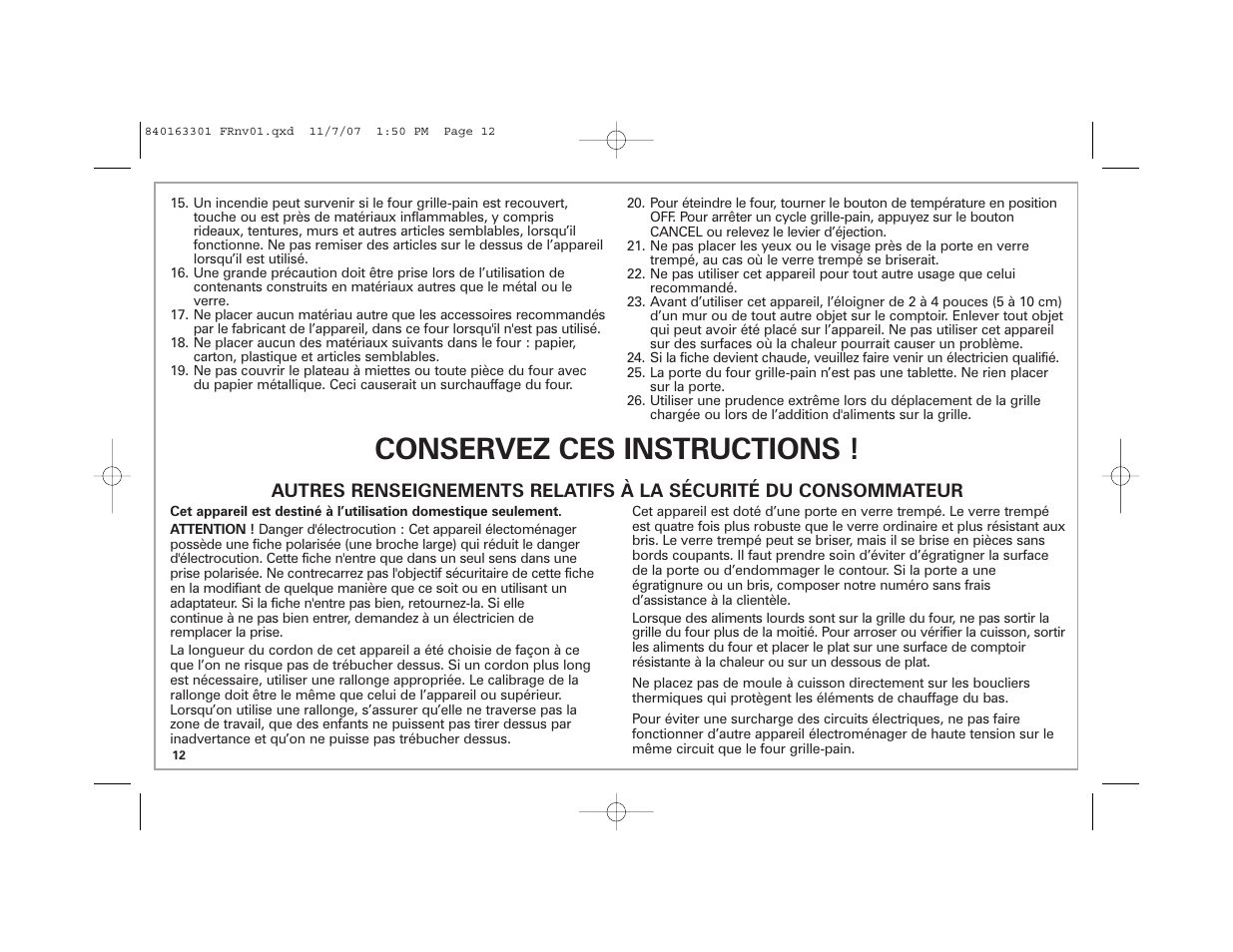 Conservez ces instructions | Hamilton Beach 24708 User Manual | Page 12 / 32