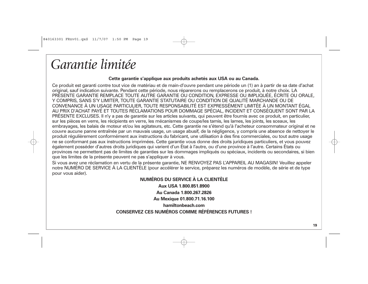 Garantie limitée | Hamilton Beach 24708 User Manual | Page 19 / 32