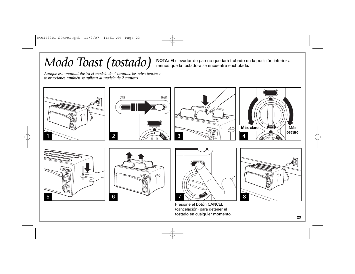 Modo toast (tostado) | Hamilton Beach 24708 User Manual | Page 23 / 32