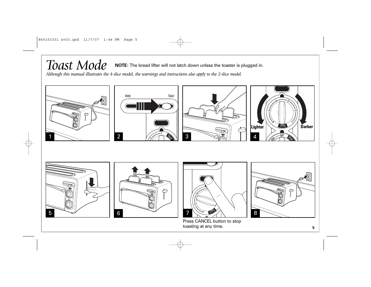 Toast mode | Hamilton Beach 24708 User Manual | Page 5 / 32