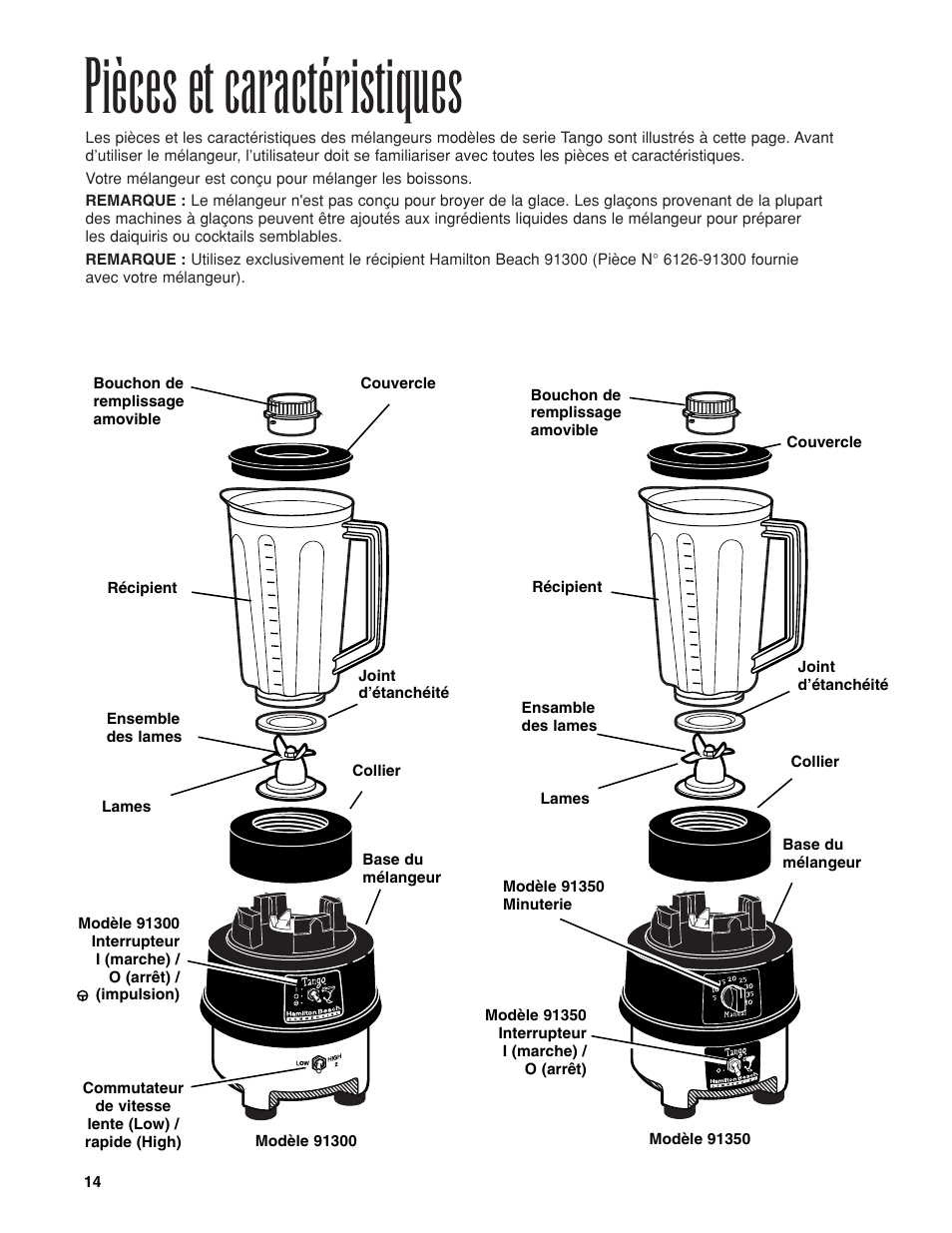 Pièces et caractéristiques | Hamilton Beach Bar Blender User Manual | Page 14 / 32