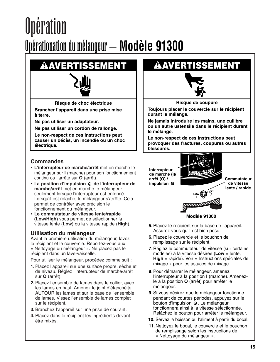 Opération, Wavertissement | Hamilton Beach Bar Blender User Manual | Page 15 / 32