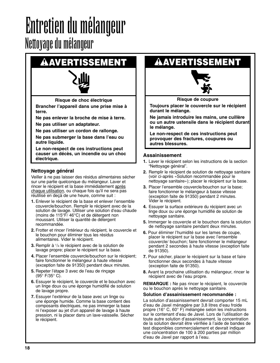 Entretien du mélangeur, Nettoyage du mélangeur, Wavertissement | Hamilton Beach Bar Blender User Manual | Page 18 / 32