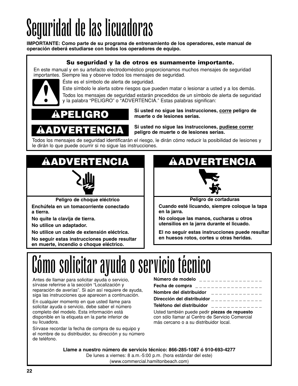 Cómo solicitar ayuda o servicio técnico, Seguridad de las licuadoras, Wadvertencia | Wpeligro w advertencia | Hamilton Beach Bar Blender User Manual | Page 22 / 32