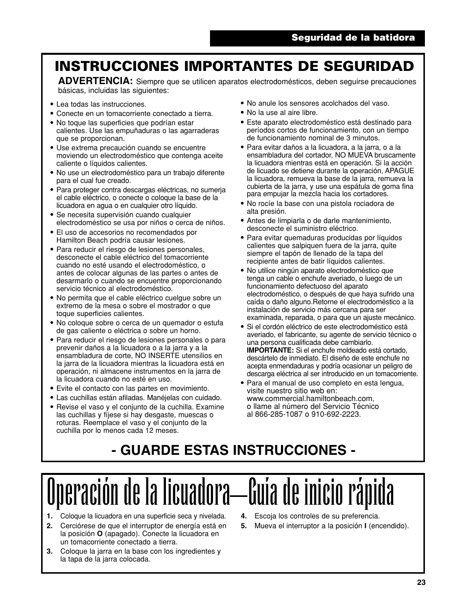 Operación de la licuadora–guía de inicio rápida, Guarde estas instrucciones, Instrucciones importantes de seguridad | Advertencia | Hamilton Beach Bar Blender User Manual | Page 23 / 32