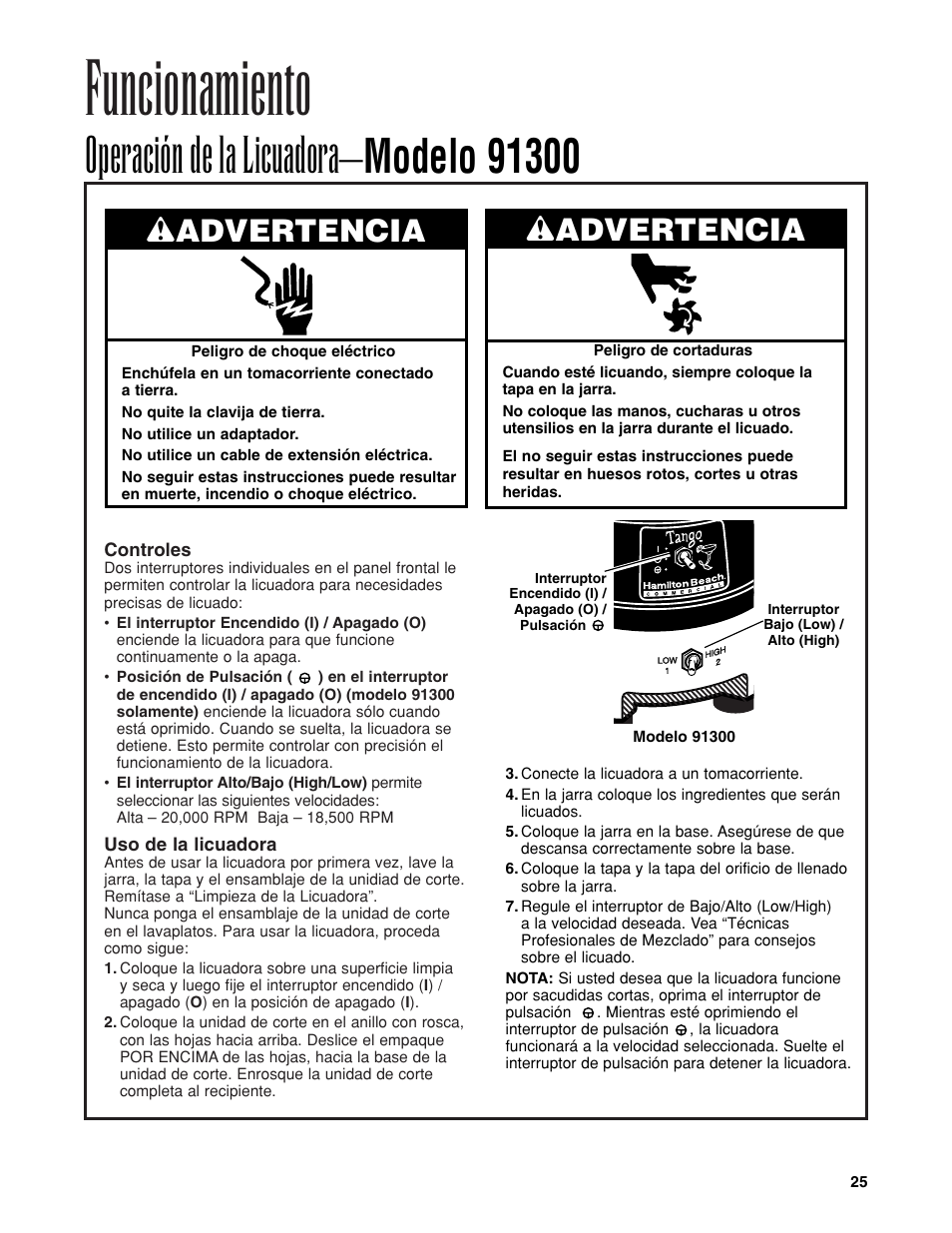 Funcionamiento, Wadvertencia | Hamilton Beach Bar Blender User Manual | Page 25 / 32