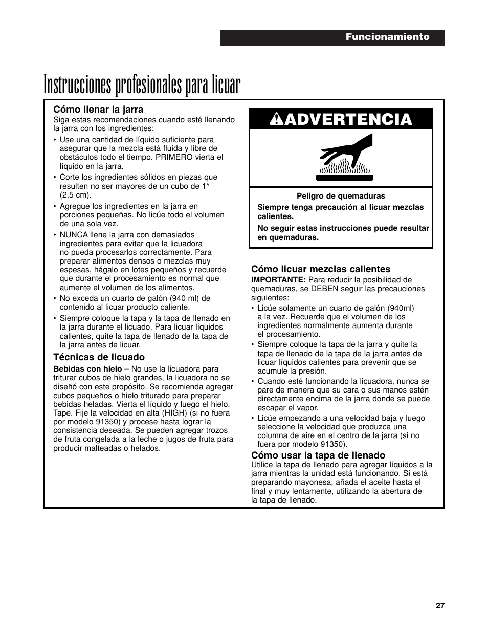 Instrucciones profesionales para licuar, Wadvertencia | Hamilton Beach Bar Blender User Manual | Page 27 / 32