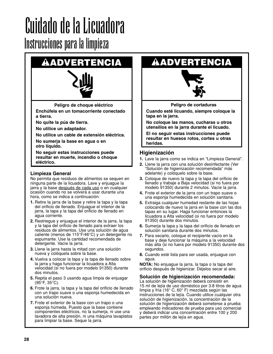 Cuidado de la licuadora, Instrucciones para la limpieza, Wadvertencia | Hamilton Beach Bar Blender User Manual | Page 28 / 32