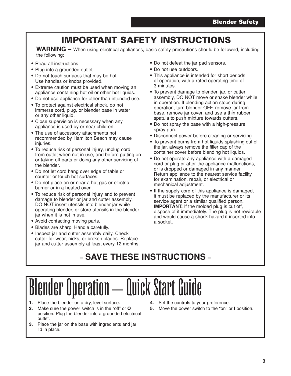 Blender operation – quick start guide, Save these instructions, Important safety instructions | Hamilton Beach Bar Blender User Manual | Page 3 / 32