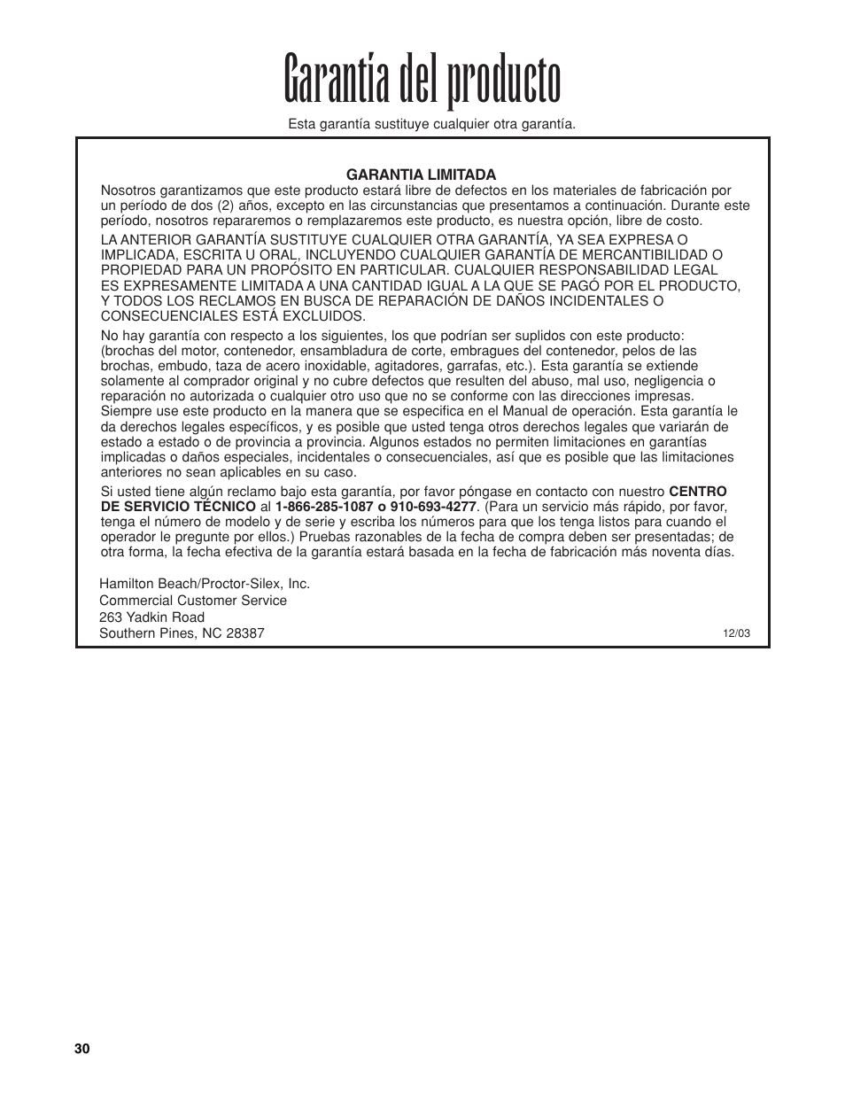 Garantía del producto | Hamilton Beach Bar Blender User Manual | Page 30 / 32