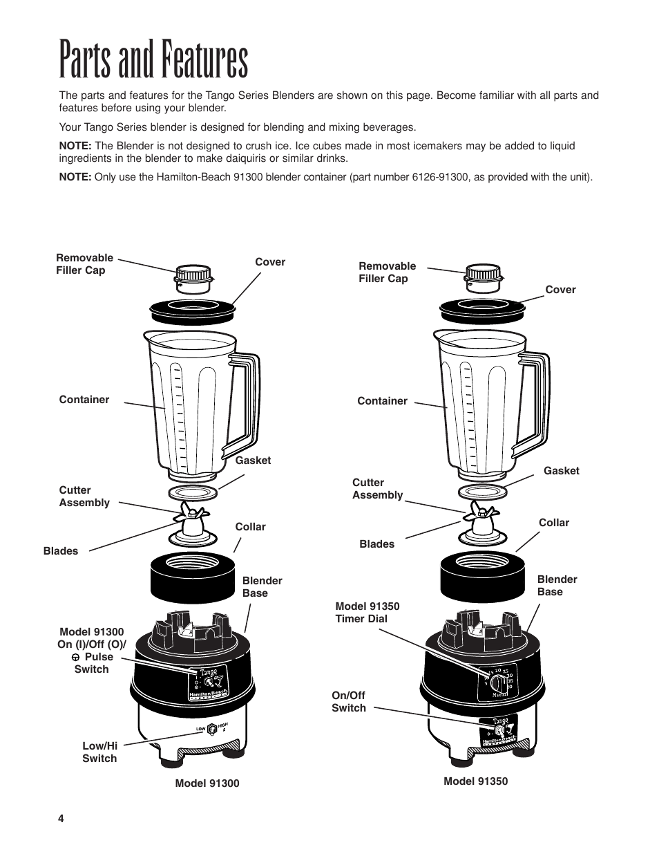 Parts and features | Hamilton Beach Bar Blender User Manual | Page 4 / 32