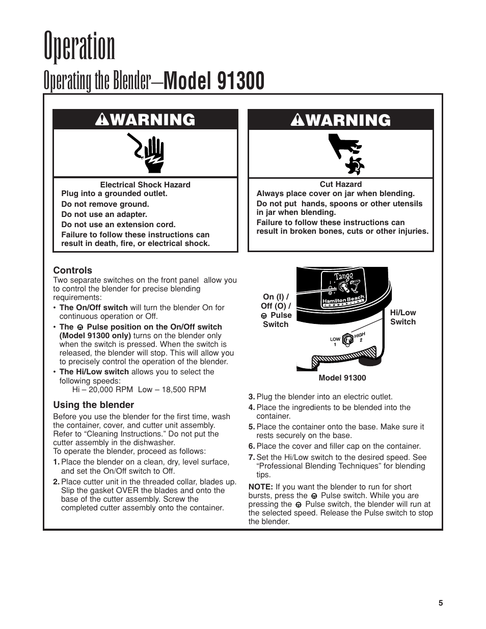 Operation, Wwarning | Hamilton Beach Bar Blender User Manual | Page 5 / 32