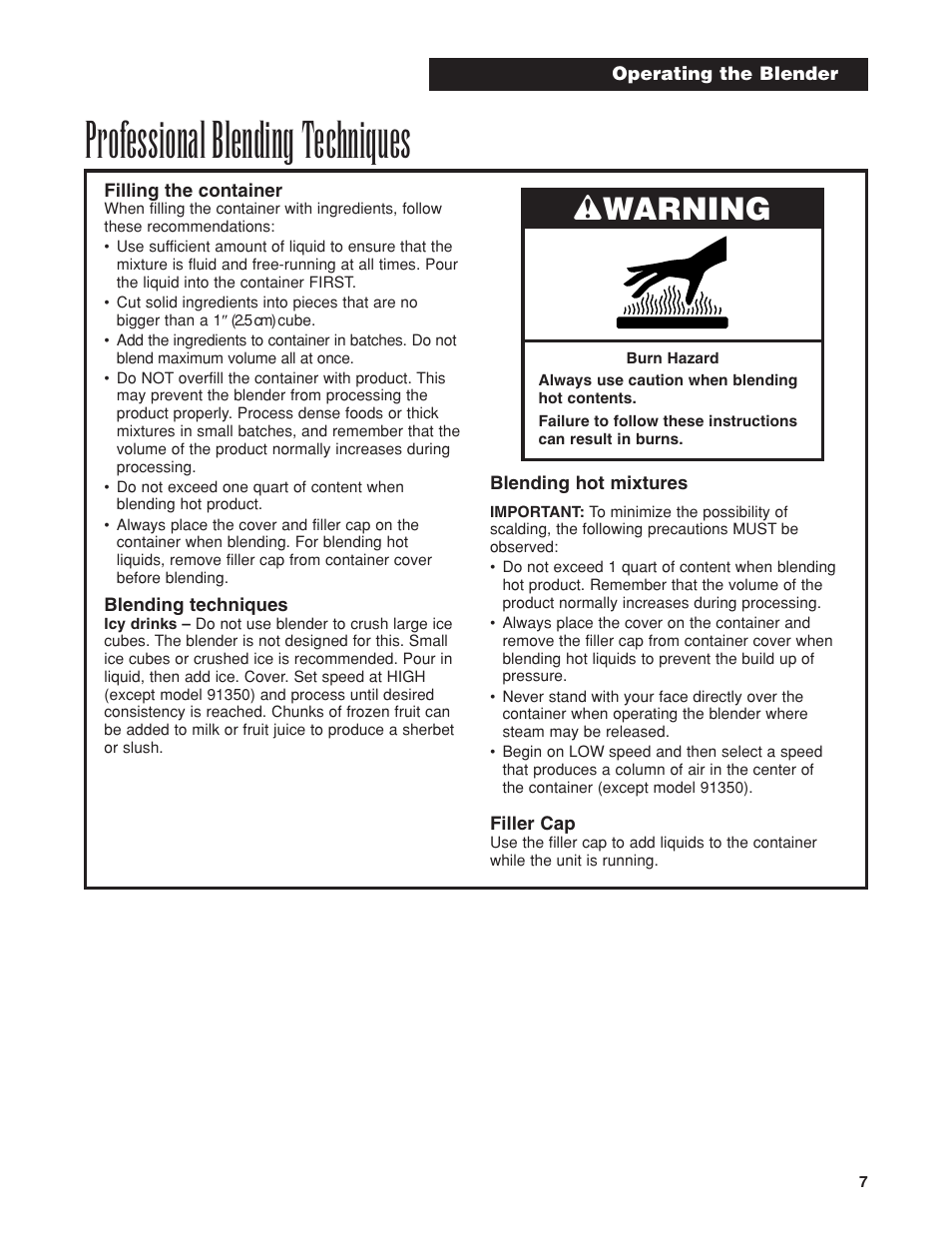 Professional blending techniques, Wwarning | Hamilton Beach Bar Blender User Manual | Page 7 / 32