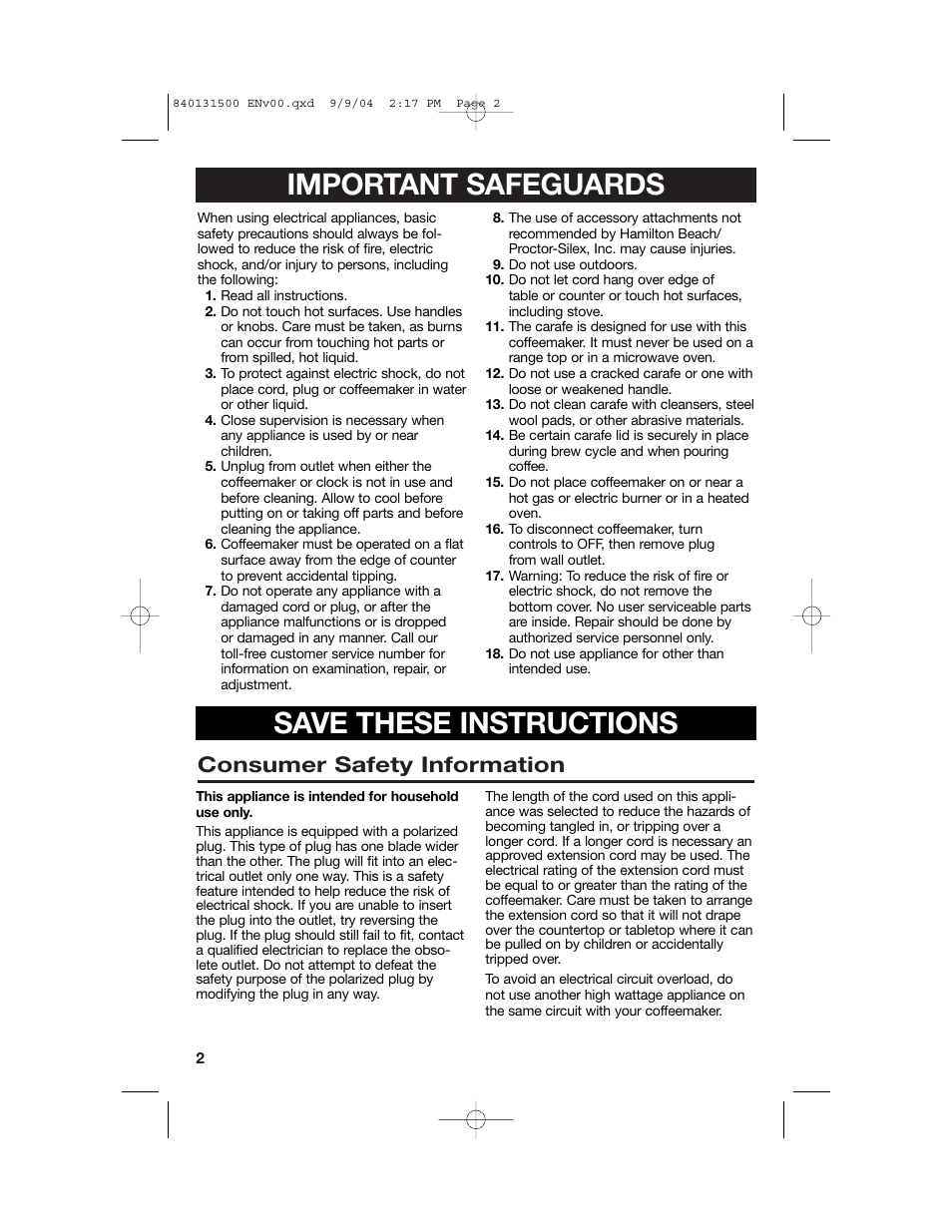 Important safeguards, Save these instructions, Consumer safety information | Hamilton Beach 45214 User Manual | Page 2 / 28