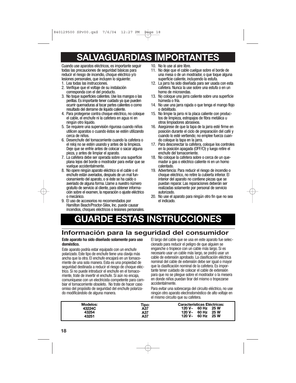 Información para la seguridad del consumidor | Hamilton Beach 43224C User Manual | Page 18 / 28