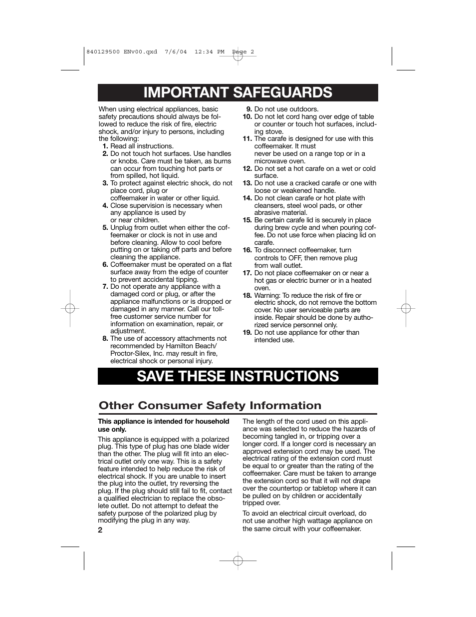 Important safeguards, Save these instructions, Other consumer safety information | Hamilton Beach 43224C User Manual | Page 2 / 28