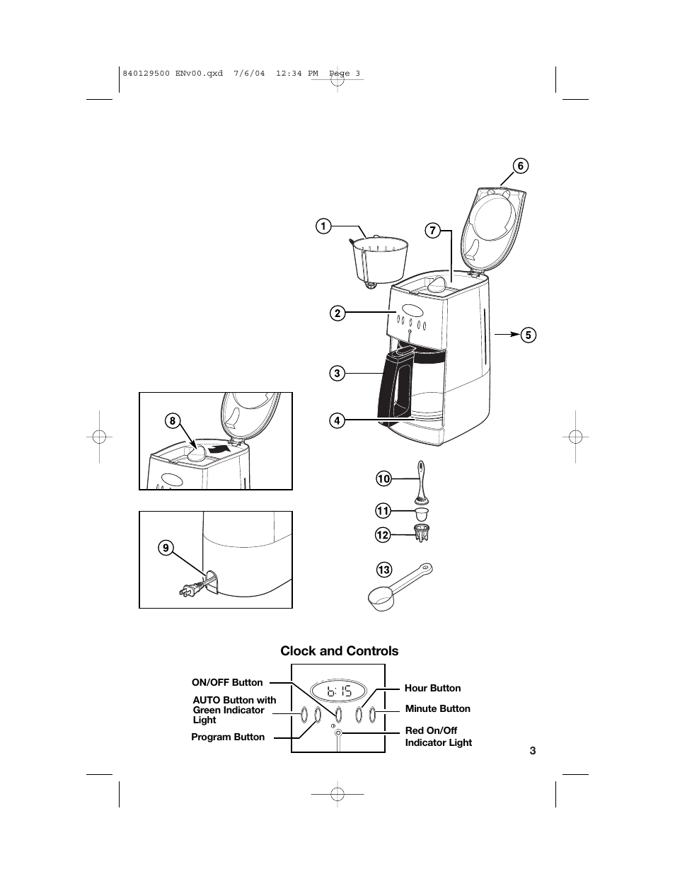 Parts and features, Clock and controls | Hamilton Beach 43224C User Manual | Page 3 / 28